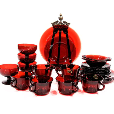 VINTAGE: 24pc Royal Ruby Anchor Hocking Glass Set - Entertaining Set - Cups and Saucers, Plates, Cramer and Sugar - SKU 24 25-E-00014643 