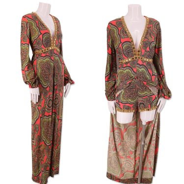 60s 2 pc psychedelic dress & short shorts set M / vintage 1960s paisley print over dress and hot pants sz 6-8 