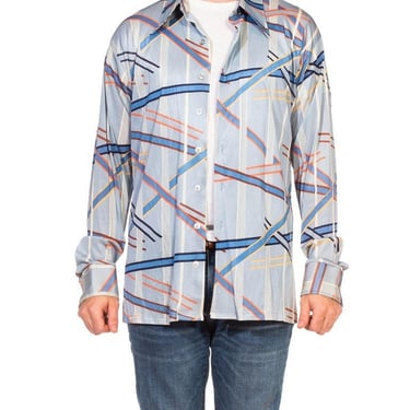 1970S Blue Polyester Tricot Jersey Men's Long Sleeve Geometric Disco Shirt 