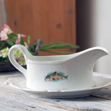 Antique KT&K Co. porcelain gravy boat / fish pattern pitcher / cottage serving ware / semi-vitreous porcelain gravy server / cabin decor 