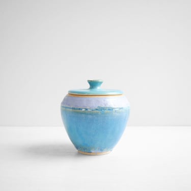 Vintage Ceramic Jar, Studio Pottery Lidded Jar in Blue and Purple 
