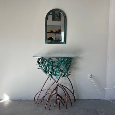 Vintage Lee & Sharon Jones Sculptural Art Mangrove Copper Console Table W/ Mirror 