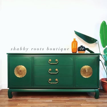 NEW! Vintage Chinoiserie Mid Century Modern Buffet Cabinet Sideboard Emerald Green & Brass -San Francisco CA by Shab