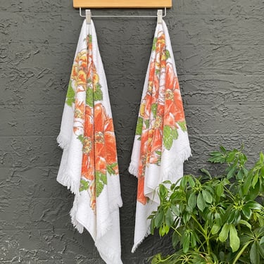 Orange Floral Bath Towels / Pair
