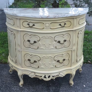 French Shabby Chic Carved Painted Marble Top Commode Small Dresser 4978