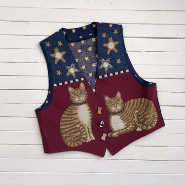 cat tapestry vest 80s 90s plus size vintage navy red americana folk style embroidered vest 