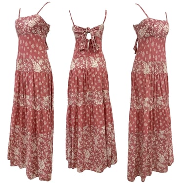 Vtg Vintage 1970s 70s Indian Cotton Faded Red Calico Floral Print Midi Sun Dress 