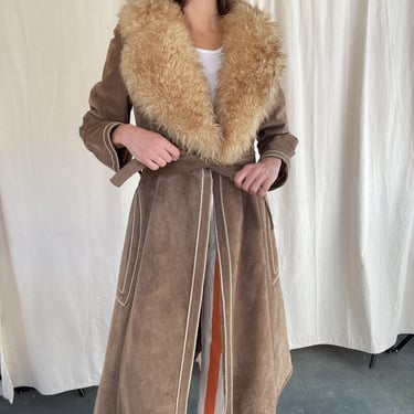 70s suede coat with fur collar + lining 