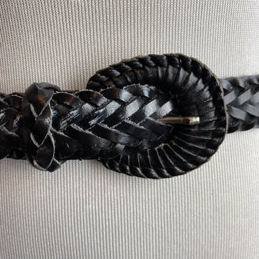 Vtg 80’s 90’s black Leather belt~braided slim skinny trousers belt~ woven boho style unisex open size Small up to 31” waist 