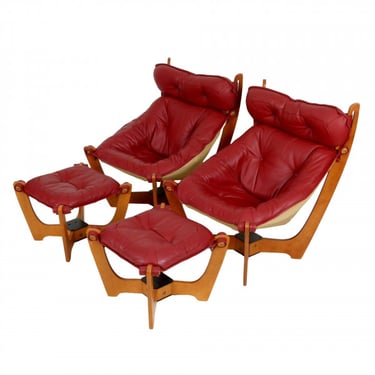 Red Leather Luna Chair with Ottoman by Odd Knutsen