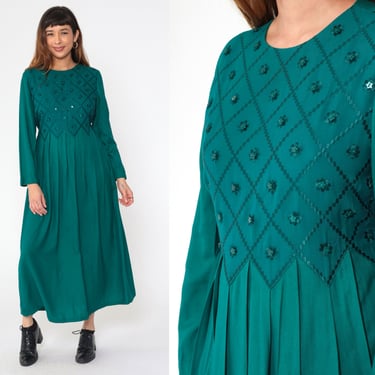 Green Floral Dress 90s Embroidered Dress Maxi Boho Star Button Vintage Pleated High Waist Attached Belt Grunge Long Sleeve Rayon Small 6 