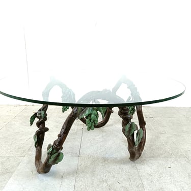 Sculpted metal vinewood coffee table, 1960s - vintage bronze coffee table - round glass coffee table - brass coffee table 