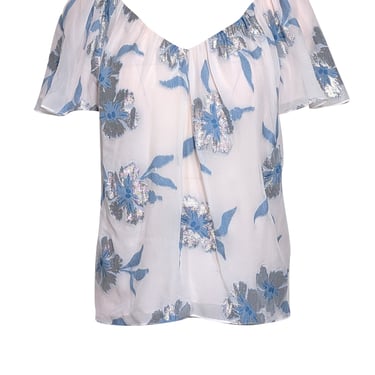 Rebecca Taylor - Ivory, Blue, & Silver Floral Print Silk Blend Blouse Sz XS