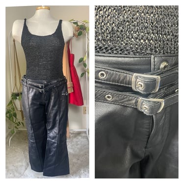 Vintage Y2K 2000s Leather Cropped Flare Pants – Black Millennial Leather Pants with Double Belt – Size Small | Baby Phat 