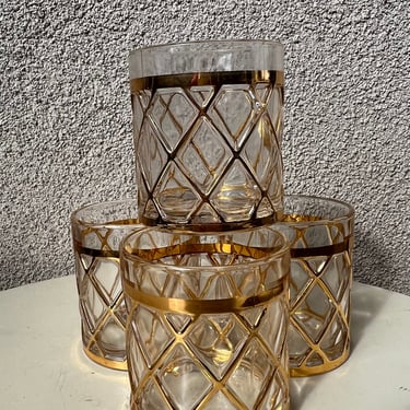 Vintage Hollywood regency low ball glasses set 4 lattice 18k by Altuzarra 