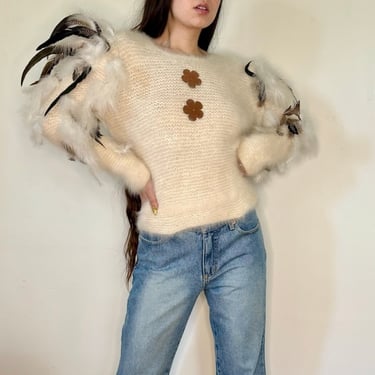 Vintage 90&#39;s Cream Angora Sweater with Feathers by VintageRosemond