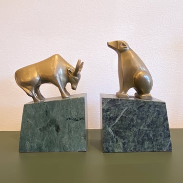 Vintage Marble and Brass Bear and Bull Bookends