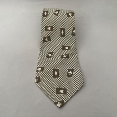 1950s Playing Card Club, Diamond and Heart Pips Brocade Acetate Tie | 50s Vintage Brown and White Suite of Cards Necktie 