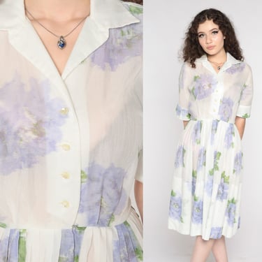 60s Floral Dress White Day Dress Semi-Sheer Shirtwaist Dress Midi Lavender 1960s Shirtdress Button Up Dress Vintage Short Sleeve Small 