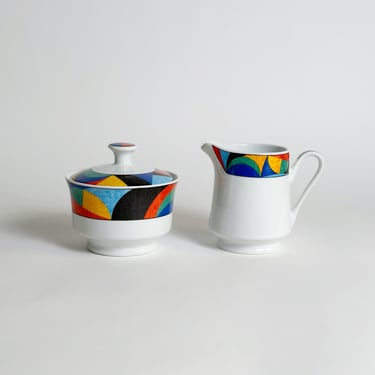 Cream & Sugar Set in Postmodern Pablo Pattern, Colourful Abstract Porcelain by Connoisseur, Vintage 1980’s 