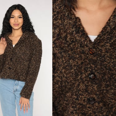 Cropped Sweater 90s Brown Black Knit Cardigan Button up Jacket Retro Boho Cozy Fall Winter Neutral Simple Earth Tone Vintage 1990s Medium M 