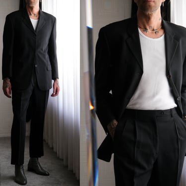 Vintage 90s Giorgio Sanetti Black Wool Gabardine Three Button Suit | Made in Italy | Size Euro 52 USA 42 | 1990s Italian Designer Mens Suit 