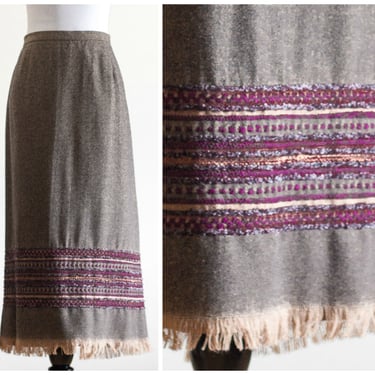 Long brown sheath skirt with boucle knit border and fringed hem 