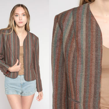 Striped Blazer Jacket 80s Wool Blend Open Front Jacket Retro Preppy Formal Professional Fall Muted Brown Pink Blue Vintage 1980s Small S 
