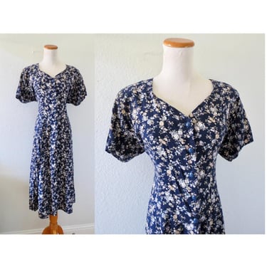 Vintage 90s Floral Dress - Button Up Midi Dress - Rayon Flower Print with Lace Up Back - Boho Cottagecore - Size Large 