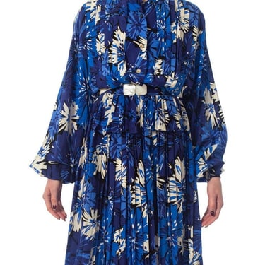 1980S MILA SCHON Blue & White Haute Couture Silk Crepe De Chine Long Sleeve Pleated Dress 