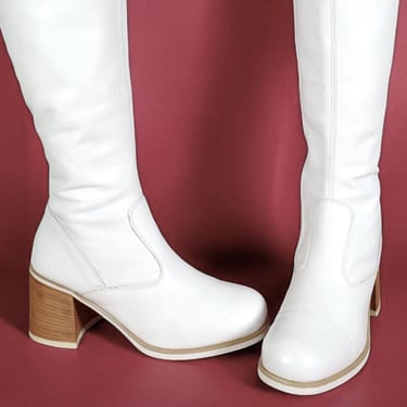 1970s vintage tall boots block heel white leather side zip gogo boots (8) 