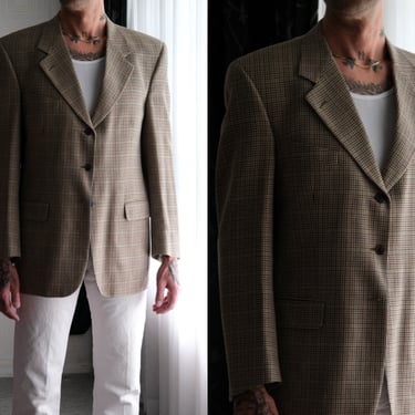 Vintage 90s BURBERRYS Tan Houndstooth Three Button Wool Blazer | Made in USA | 100% Wool | 1990s Burberry Prosum Designer Mens Sport Jacket 