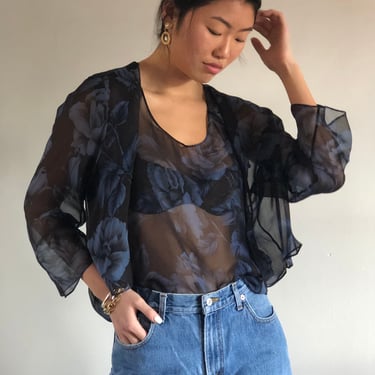 90s silk sheer blouse / vintage brown blue sheet silk chiffon roses floral cropped bell sleeve open front over shirt blouse | Large 