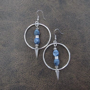 Blue druzy agate and silver hoop earrings 