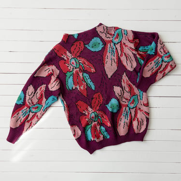 purple wool sweater | 80s vintage Hewlett pink blue red floral intarsia cottagecore dark academia streetwear sweater 
