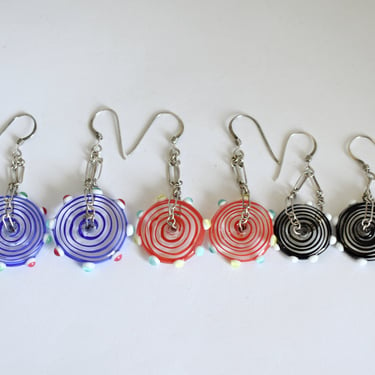 Psychedelic 70's 925 silver peppermint glass dangles, mod blue red & black glass wheels sterling paperclip chain go go earrings 