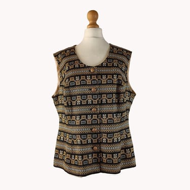 Black & Gold 1960s Geometric Pattern Metallic Vest - Size M 