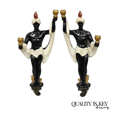 Vintage Arabian Chalkware Male Figural Wall Sconce Candlesticks - a Pair