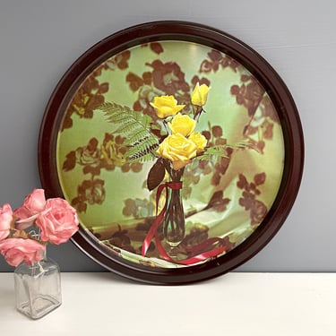 Rose photo litho metal round tray -  1960s vintage serving 