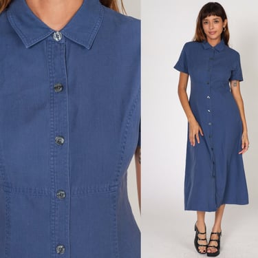 Blue Shirt Dress Y2k Midi Dress Button up Day Dress Retro Simple Casual Minimal Short Sleeve Vintage 00s Talbots Rayon Cotton Small 4 