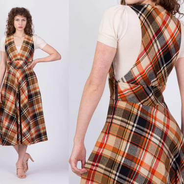 70s Brown & Orange Plaid Pinafore Dress, As Is - Medium | Vintage Boho Sleeveless Wool Midi Dress 