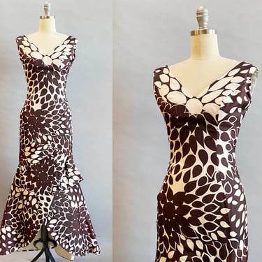 Magnificent 1960s Gown / 1960s Evening Gown / Large Brown & White Floral Print Dress /Mod Print Mermaid Dress / Size Small 