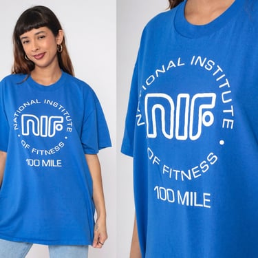 National Institute of Fitness Shirt 90s NIF Runner TShirt 100 Mile T-Shirt Retro Graphic Tee Sports Blue Vintage 1990s Extra Large xl 