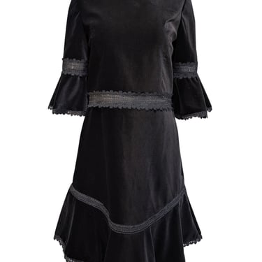 Alice & Olivia - Black Velvet Bell Sleeve Dress w/ Lace Trim Sz 10