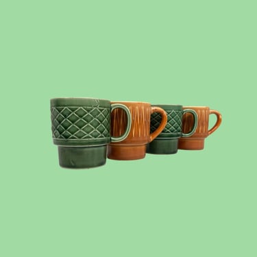 Vintage Mug Set Retro 1960s Mid Century Modern + Ceramic + Green + Rust Orange + Set of 4 + Stackable + Made in Japan + Kitchen Decor 