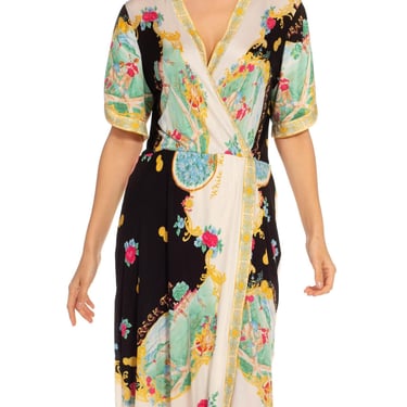 1980S Black  White Silk Jersey Italian Art Deco Printed Dress 