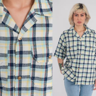 70s Plaid Shirt Checkered Button Up Retro Preppy Collared Seventies Summer Short Sleeve White Blue Yellow Vintage 1970s Mens Medium M 