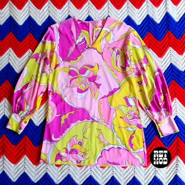 Groovy Vintage 60s 70s Pink Yellow Pucci Style Psychedelic Print Nylon Blouse Tunic or Micro Mini Dress 