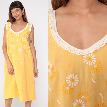 60s 70s Embroidered Floral Dress Yellow Lace Trim Mod Midi Hippie Vintage 1970s Boho Sleeveless Sixties Shift Bohemian Retro Small S 