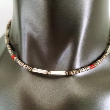 Vintage Beaded Necklace~16" Sterling Silver & Shell Choker~Beige/Brown Shell Beads~Artisan Jewelry~Hand Beaded Choker~JewelsandMetals 